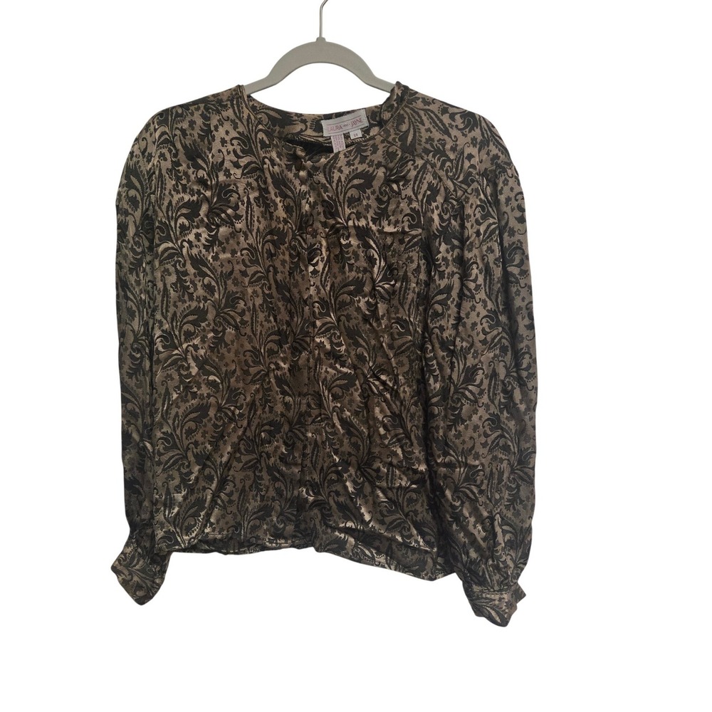 Laura and Jayne Vintage Brocade Blouse Bronze Black Damask Button Up‎ Size 14